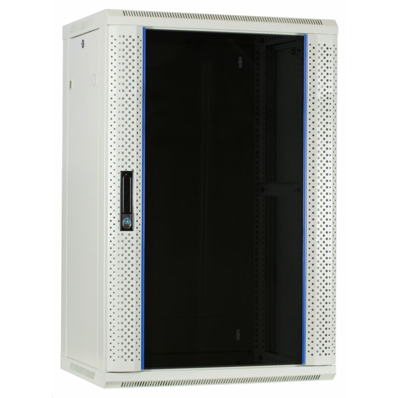 18U vitt väggskåp med glasdörr 600x450x900mm (BxDxH)