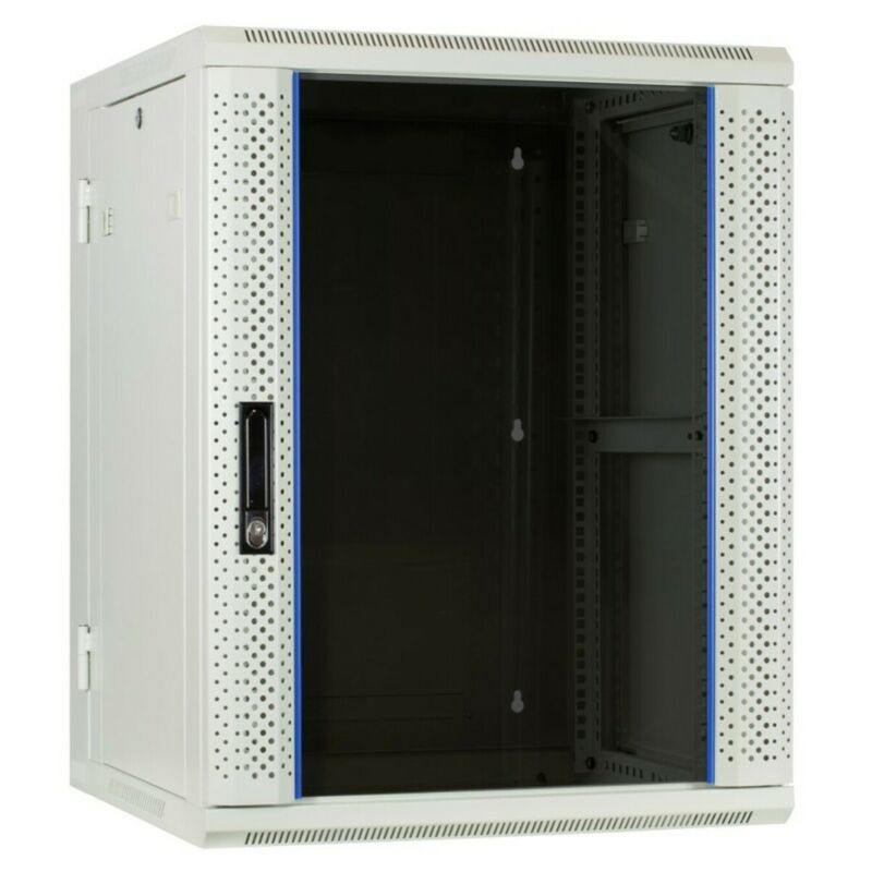 15U vitt väggskåp (lutbart) med glasdörr 600x600x770mm (BxDxH)