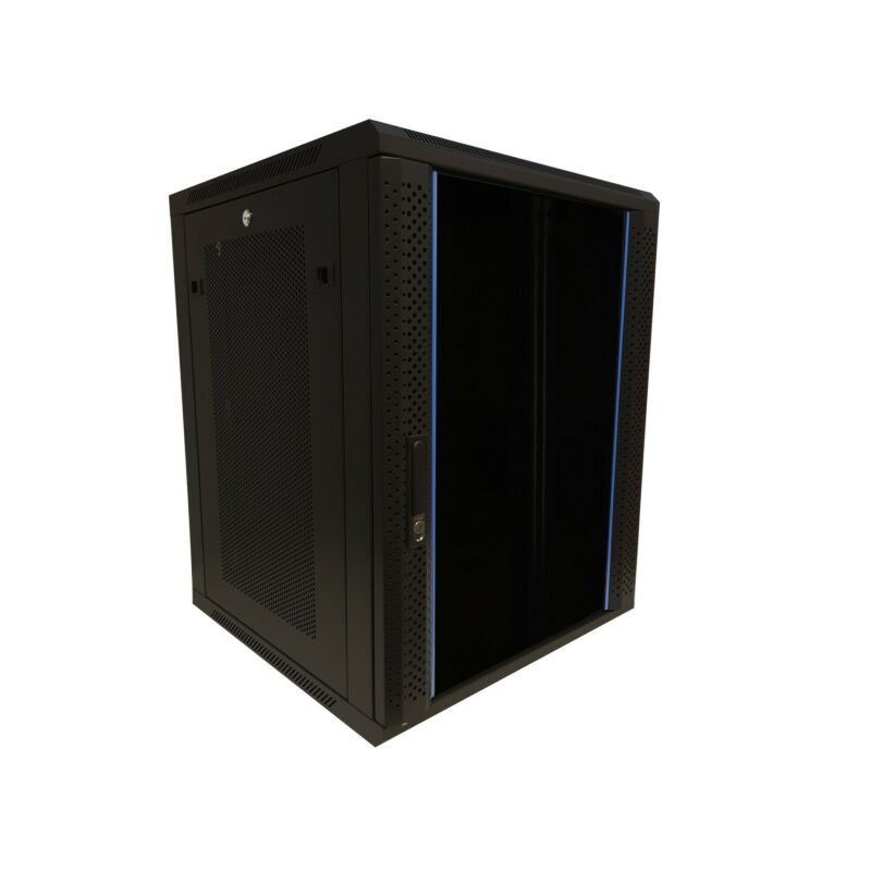 15U väggskåp med glasdörr - perforerade sidopaneler 600x600x770mm (BxDxH)