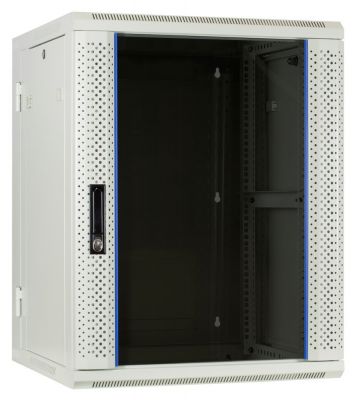 15U vitt väggskåp (lutbart) med glasdörr 600x600x770mm (BxDxH)