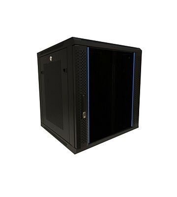 12U väggskåp med glasdörr - perforerade sidopaneler 600x600x635mm (BxDxH)