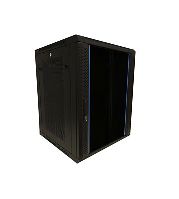 15U väggskåp med glasdörr - perforerade sidopaneler 600x600x770mm (BxDxH)