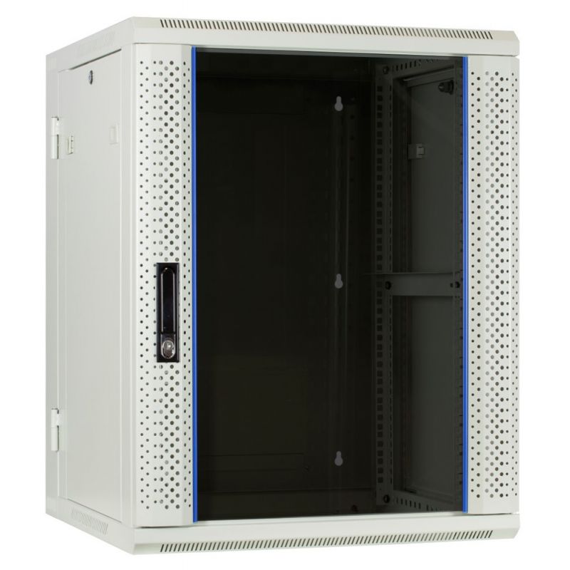 15U vitt väggskåp (lutbart) med glasdörr 600x600x770mm (BxDxH)