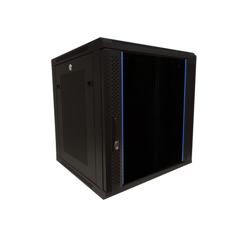 12U väggskåp med glasdörr - perforerade sidopaneler 600x600x635mm (BxDxH)